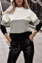 Women Knit Top Striped White Black Color Block Long Sleeve Pullover Black 1e1e7867-7617-40c2-814f-4da0facfd5a8-Max Trendsi