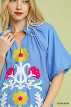 Umgee Blouse Blue Embroidered Boho Puff Short Sleeve Top 1e26fc87-73fe-4721-91a7-5154e4be9a48-Max-Origin Trendsi