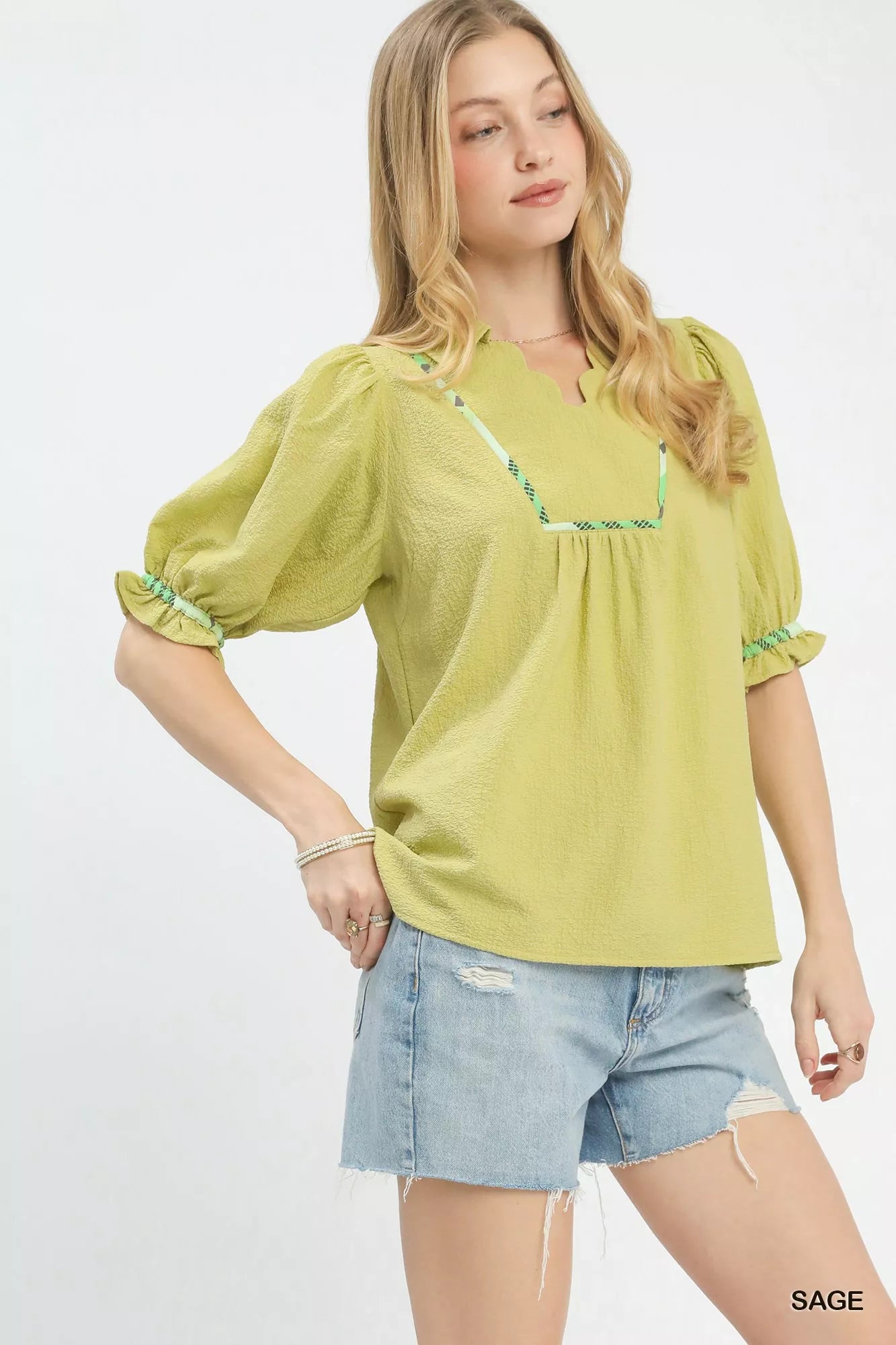 Umgee Blouse Sage Scalloped Trim Top with Puff Short Sleeves 1e2bc293-86c2-4597-a5fb-3d6eec8873c9-Max-Origin Trendsi