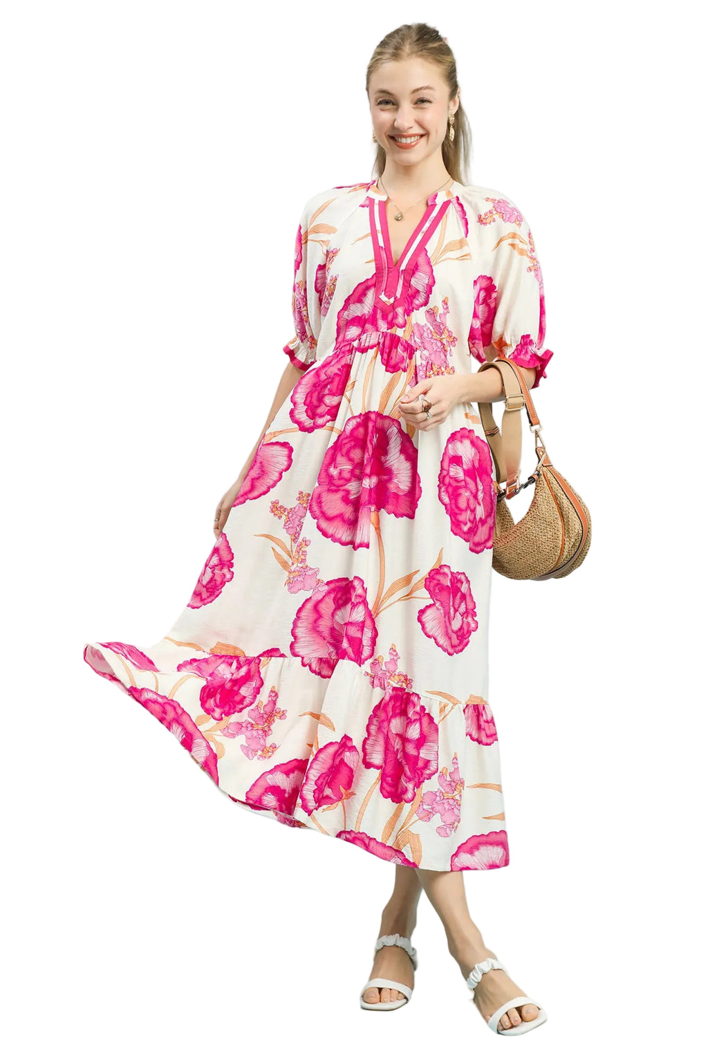 Umgee Floral Print Midi Dress with Contrast Trim