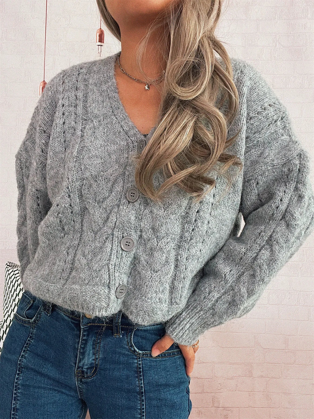 Women's Cardigan Cable Knit Button-Up Soft Knit Acrylic Long Sleeve 1e40b951e1824986819ec3c64b6cdc55-Max-Origin Trendsi