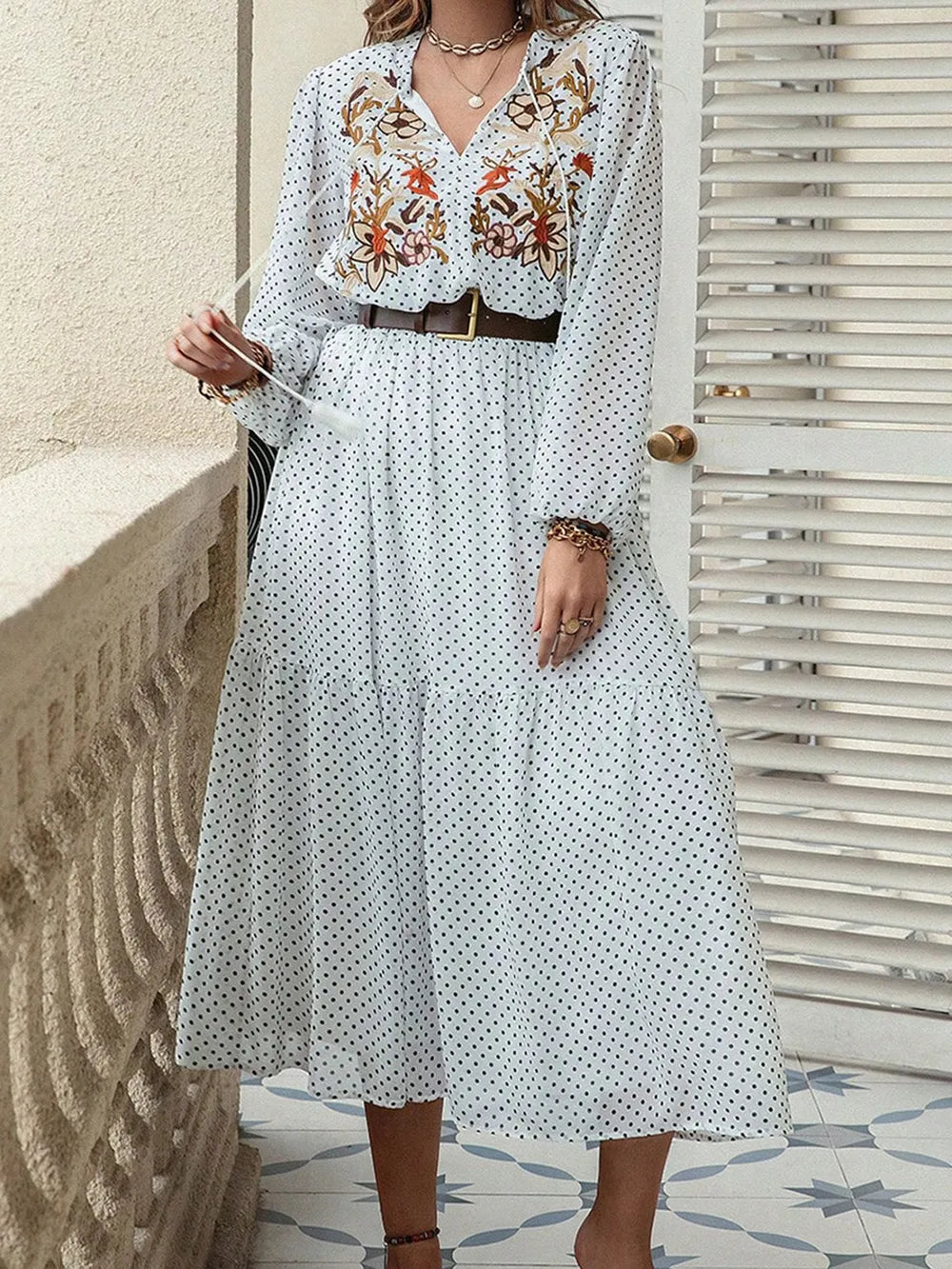 Plus Size Printed Midi Dress with Tie Neck and Long Sleeves