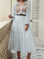 Plus Size Printed Midi Dress with Tie Neck and Long Sleeves