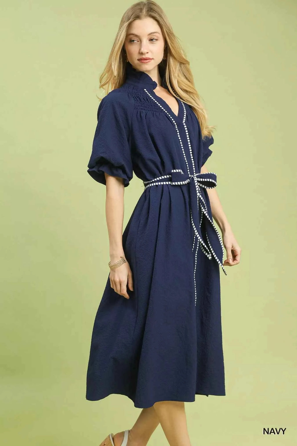 Umgee Midi Dress Navy Ruffle Collar with Stripe Trim Puff Short Sleeve 1e506c28-f2e8-4a09-8d4a-d2d08f4768b0-Max-Origin Trendsi