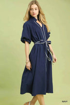 Umgee Midi Dress Navy Ruffle Collar with Stripe Trim Puff Short Sleeve 1e506c28-f2e8-4a09-8d4a-d2d08f4768b0-Max-Origin Trendsi