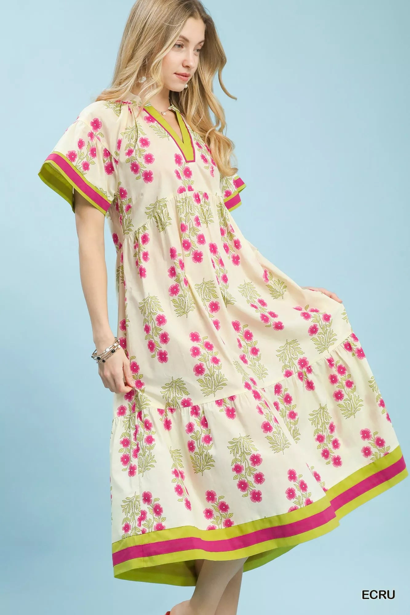 Umgee Midi Dress Ecru Floral Border Tiered Cotton Short Puff Sleeves 1e534797-3991-4b8c-aa72-d7c793633420-Max-Origin Trendsi