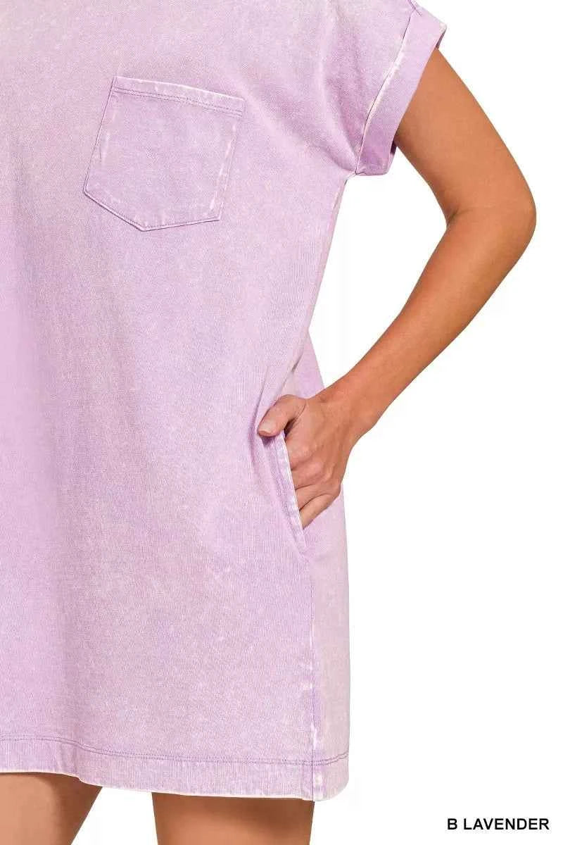 Zenana Premium T-Shirt Dress Cotton Lavender Washed Short Sleeve with Pocket 1e5be67b0ef04d49a2ea6604cdbc6f1d-Max-Origin Trendsi