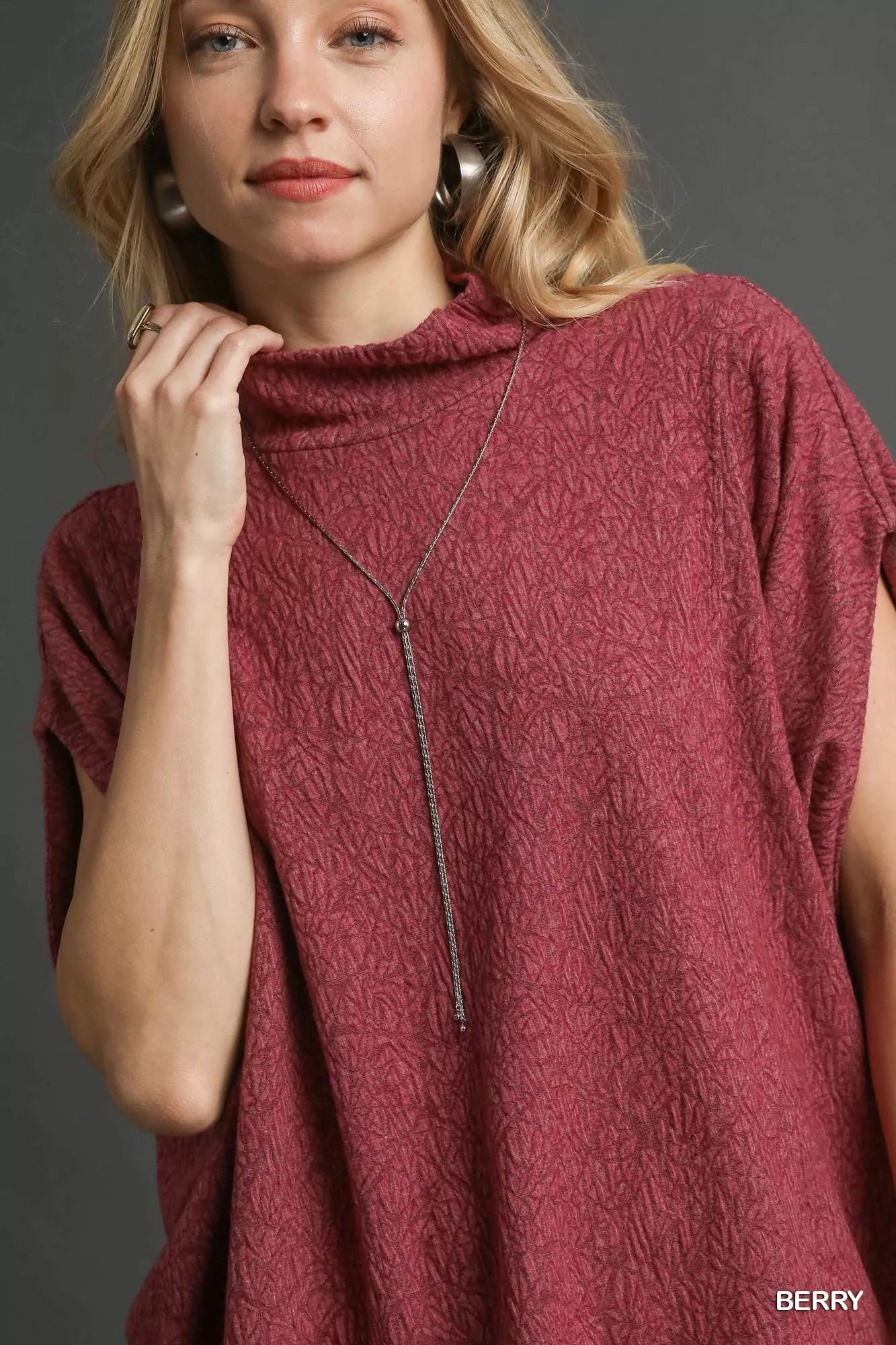 Umgee Womens Blouse Berry Textured Mock Neck Relaxed Top