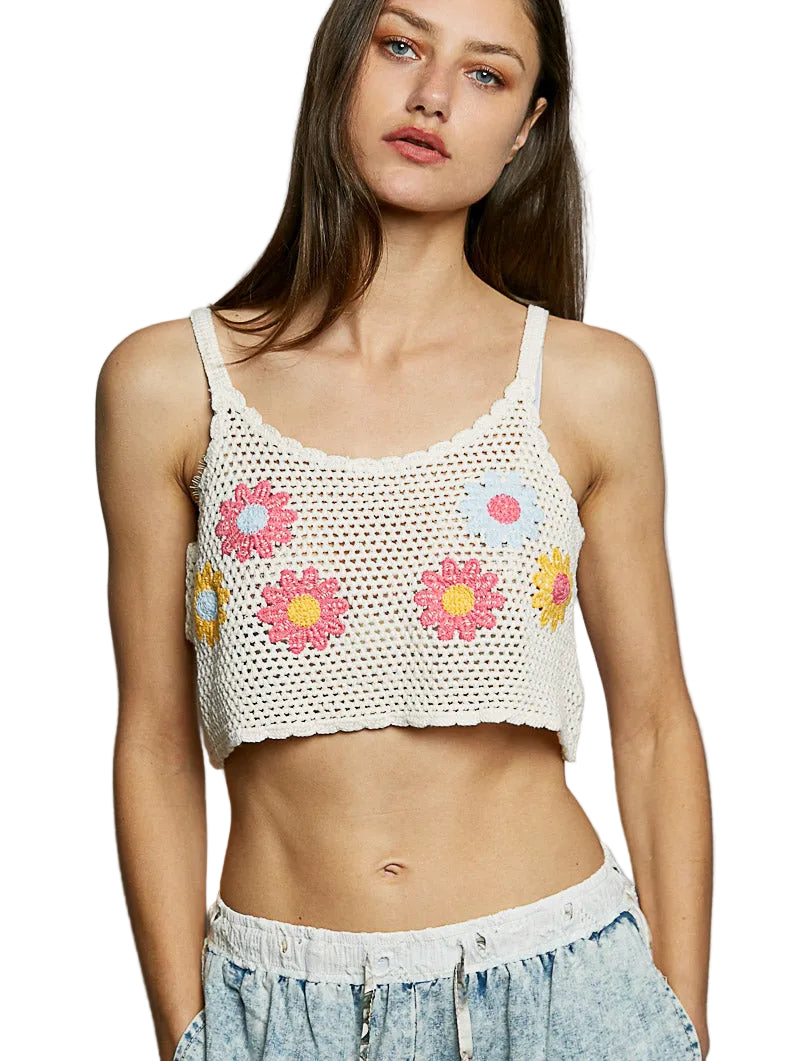 POL U-Neck Cropped Crochet Cami Top Featuring Floral Embroidery Detail