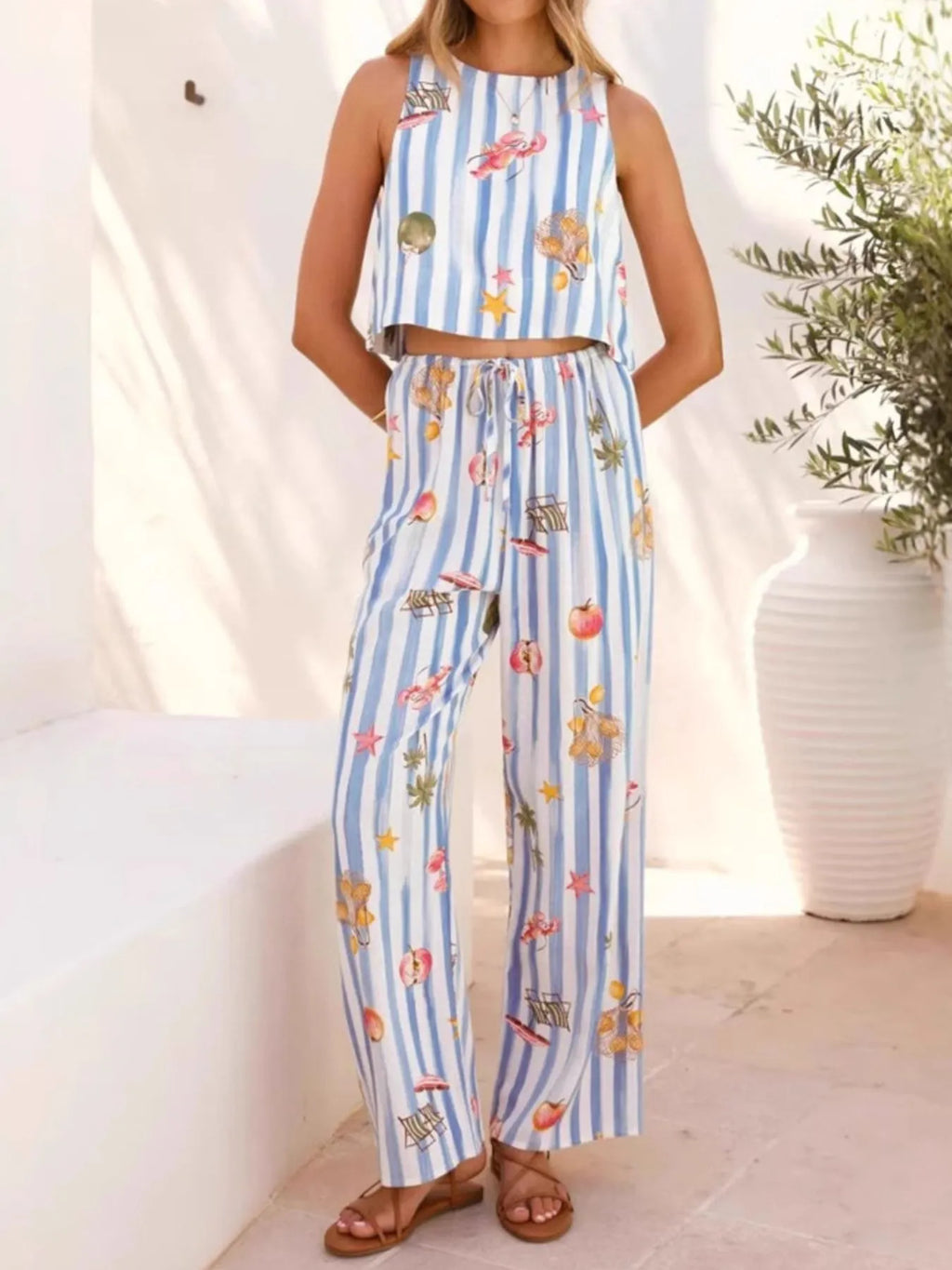 Women's Outfit Set Blue Summer Printed Stripe Tank Top and Pants Two-piece 1e62c75b-a584-4eb6-beda-96f87ebed615-Max-Origin Trendsi