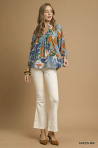 Umgee Blouse Green Floral Multicolor Abstract Print with Ruffle Neck Top 1e62e820-4cee-4d51-82e3-6055fbf8abf6-Max-Origin Trendsi