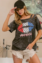 BiBi Cotton T-shirt Laser Cut Mineral Washed Distressed Old Glory Lip Print Top BLACK CHARCOAL 1e6e0a320a7f442cb2e22b577b1dae95-Max-Origin Trendsi