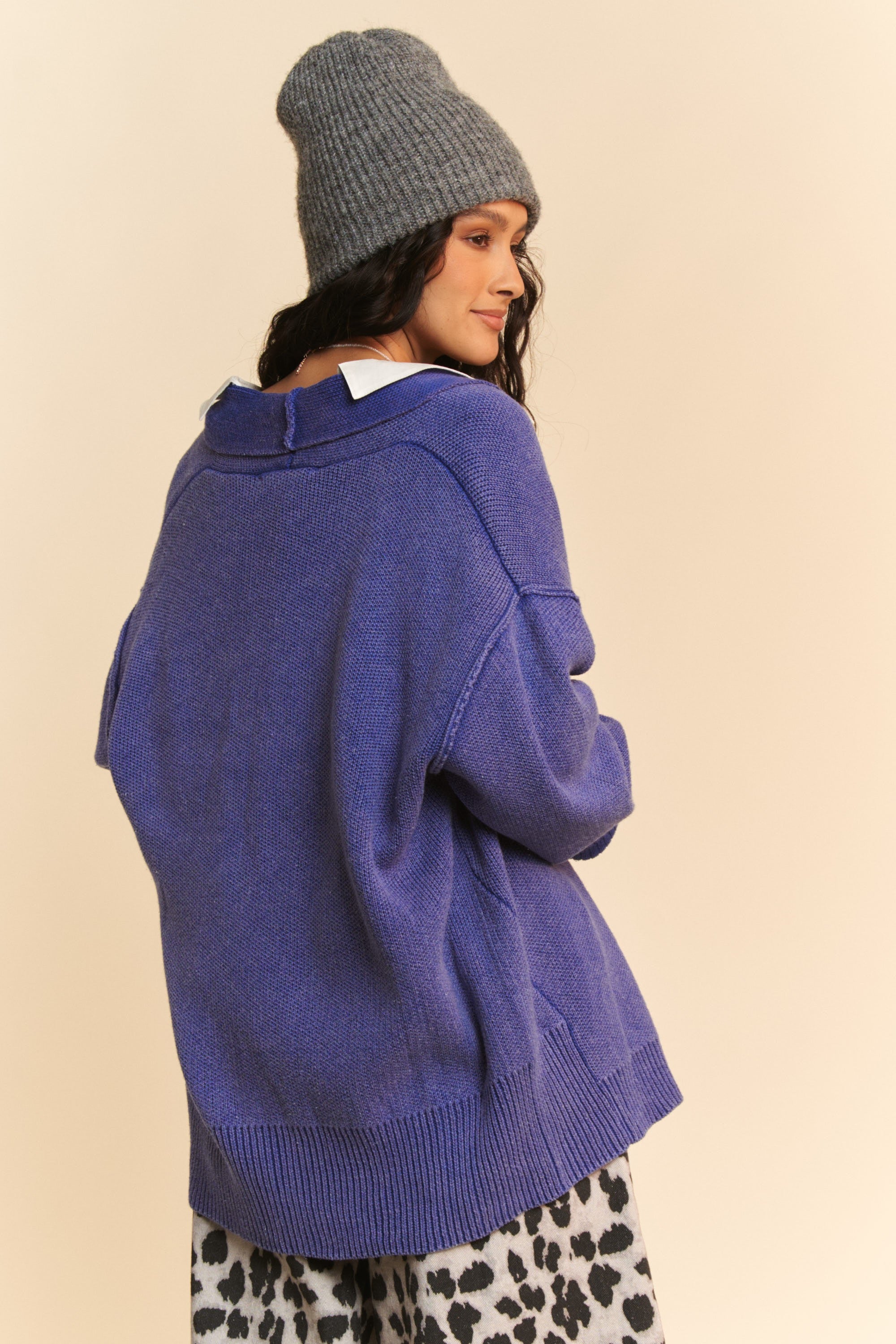 Davi & Dani Shawl Cardigan Cotton Ribbed Knit Detail Azure Button Up 1e72f933-9117-4faf-9824-b1ce7a683fb9-Max Trendsi