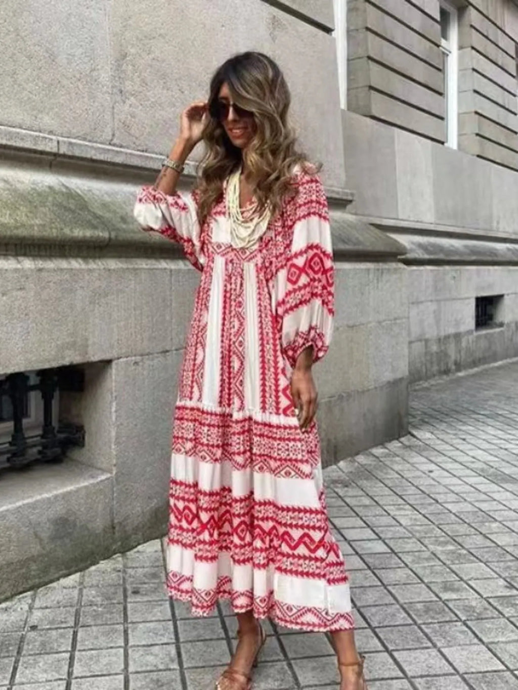 Maxi Dresses Colorful Printed V-Neck Balloon Short Sleeve Ruffled Oversized Red & White 1e8166ee7cd3440eb62fe0a00b3c57c3-Max-Origin Trendsi