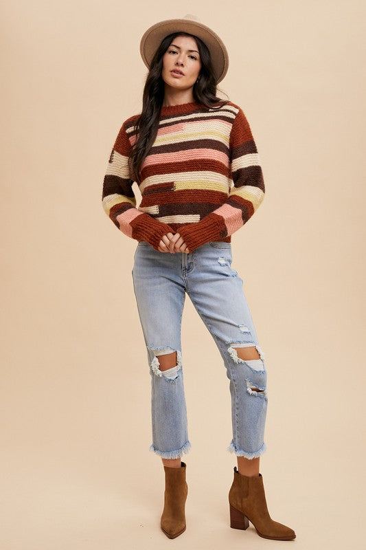 Annie Wear USA Sweater Chocolate Striped Color Block Long Sleeve 1e928a7a-da26-4950-8fdf-c9c64cbbdedc-Max Trendsi