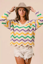 BiBi Womens Sweater Mardi Gras Wavy Stripes V-Neck Open Knit Pullover 1e94bee8f82b4775a0be0faa6b258e98-Max-Origin Trendsi