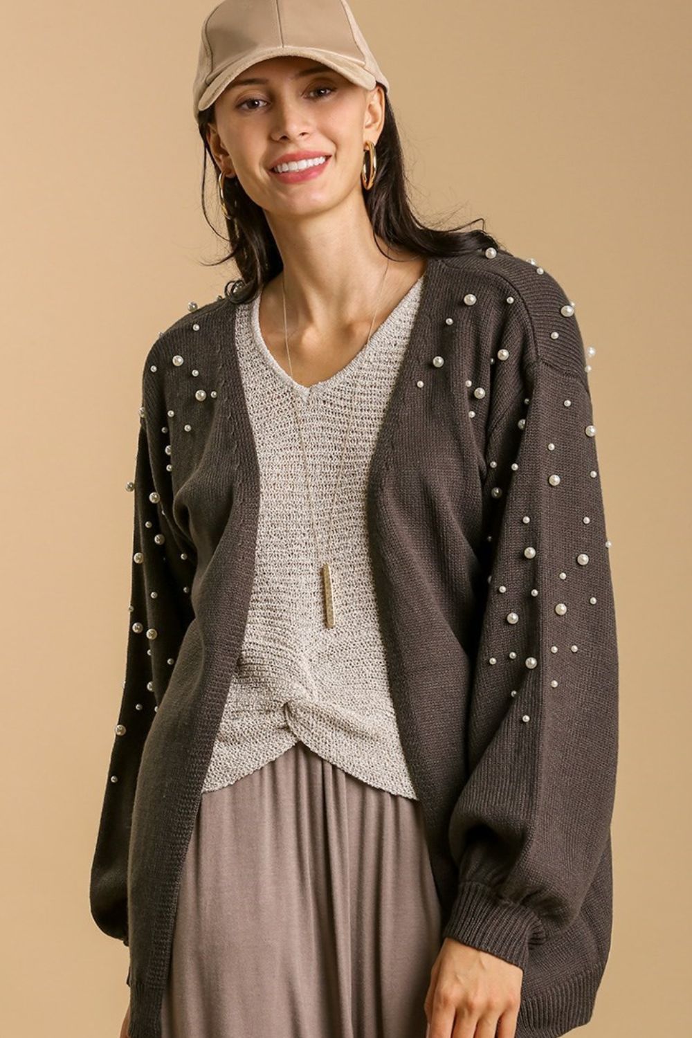 Umgee Cardigan with Long Sleeve Pearl Details Open Front S-2XL 1e975d01-149e-40d0-b3e4-93d7612549f7-Max Trendsi