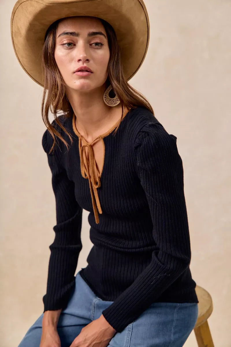 BiBi Womens Knit Top Black Ribbed Camel Contrast Front Tied Top with Shrried 1ea86999b23c489a881cfca77e0dc438-Max-Origin Trendsi