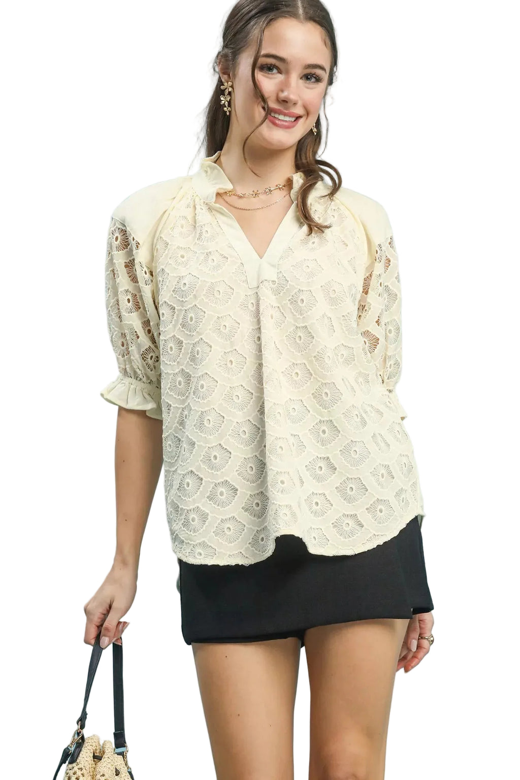 Umgee Linen V-Neck Lace Puff Sleeve Top