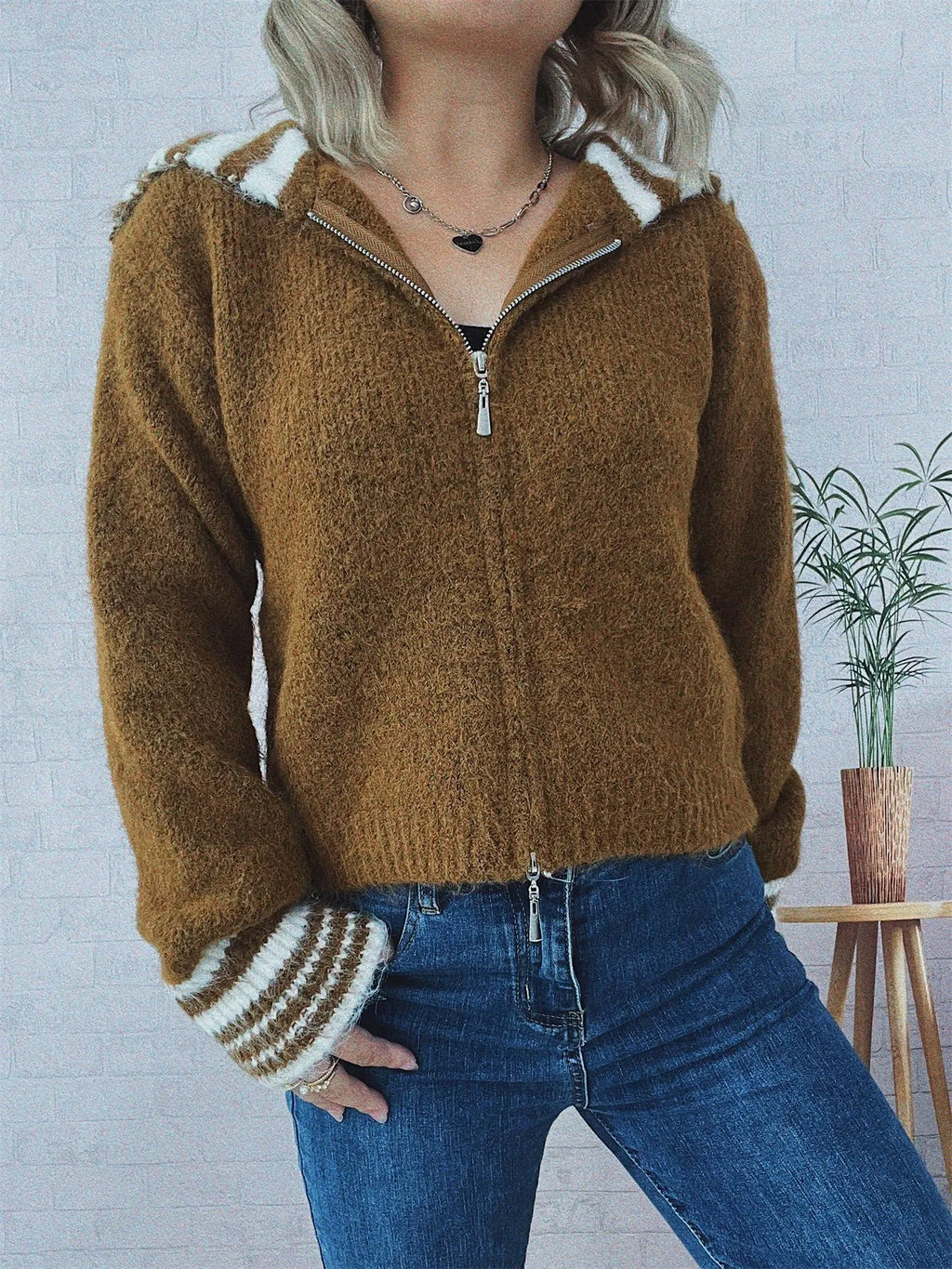 Women's Cardigan Striped Zip-Up Knit Long Sleeve Collared 1eb2b98aca8e4db788237bffa45c7589-Max-Origin Trendsi