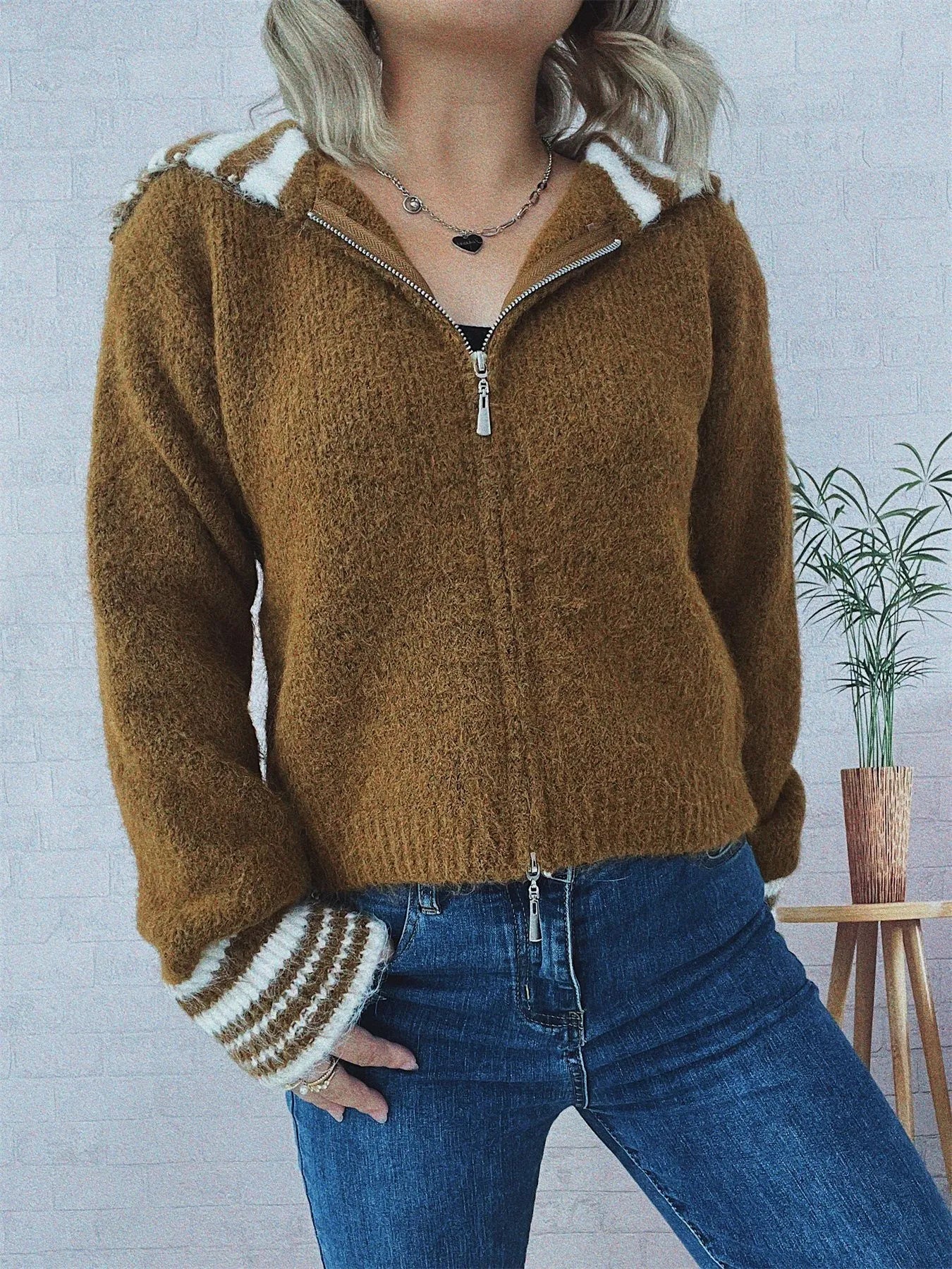 Women's Cardigan Striped Zip-Up Knit Long Sleeve Collared 1eb2b98aca8e4db788237bffa45c7589-Max-Origin Trendsi