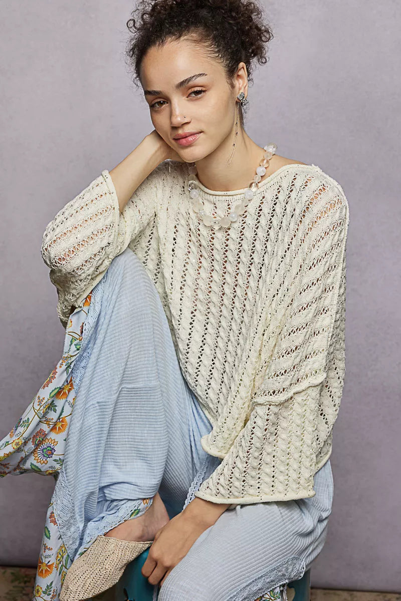 POL Cable-Knit Openwork Round Neck Cropped Sweater 1eb8db16-b8c4-4a3b-9610-49eae52e514b-Max-Origin Trendsi
