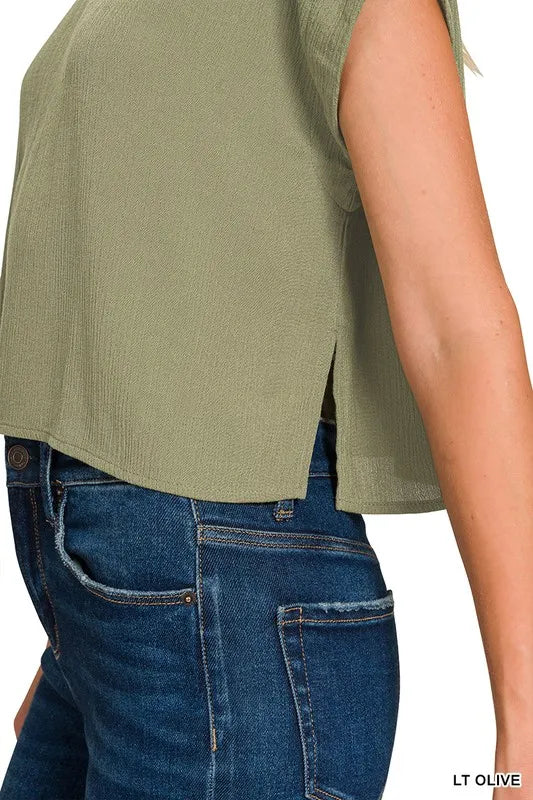 Zenana Crop Tee and Skirt Set Woven Crinkle Gauze Light Olive Two-piece 1ebc4e4cb5884a3b8e4de0d950cf6333-Max-Origin Trendsi