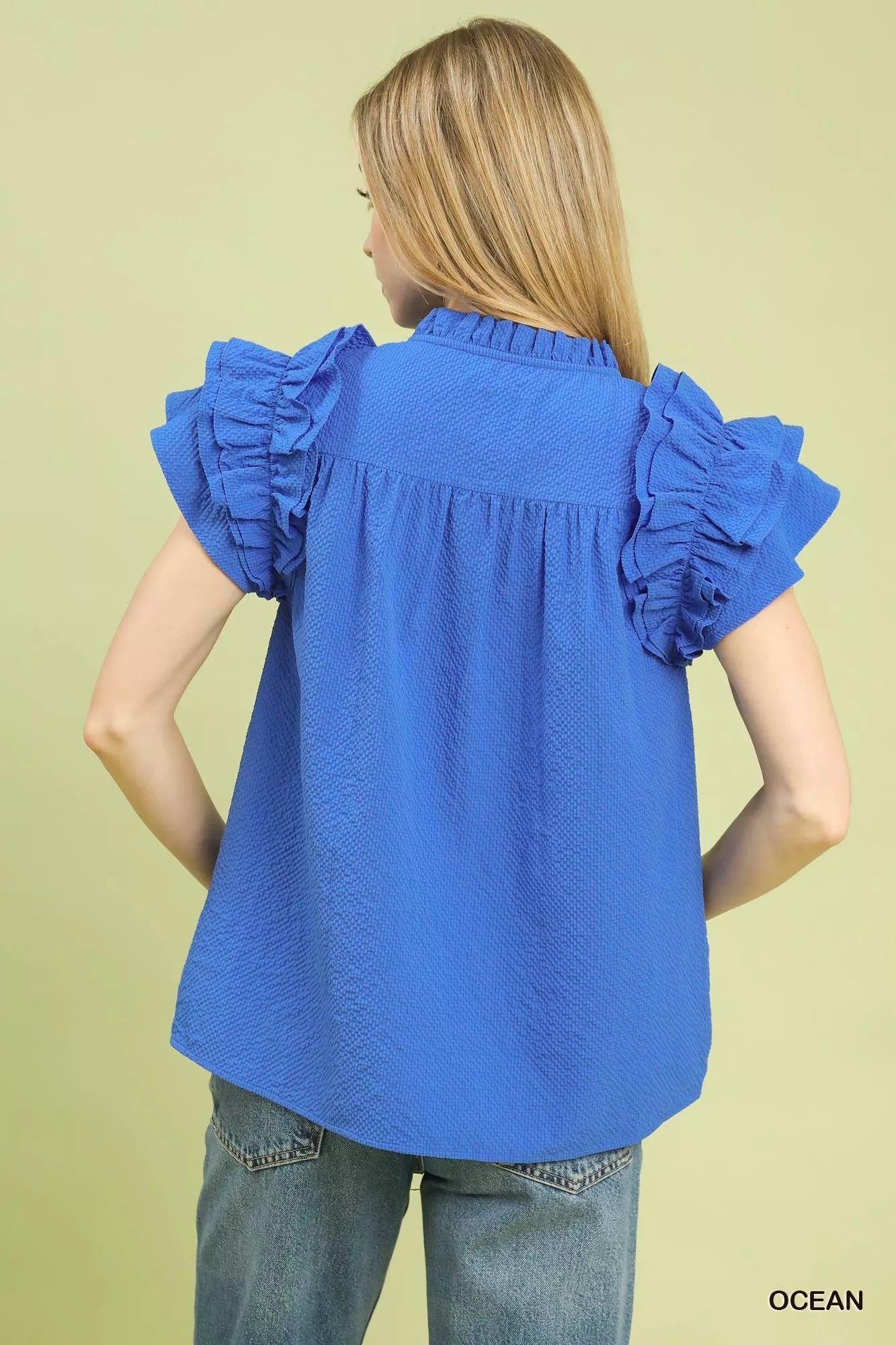 Umgee Women Blouse Textured Ruffle Sleeve Notched Top Ocean Blue 1ebf4c69-a527-4d2d-ab37-6552904b2a78-Max-Origin Trendsi