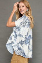 Umgee Shirt Blue Floral Two Tone Print Collared Short Sleeve Top 1ebfcdba-2c99-478d-beab-6070736ac298-Max Trendsi