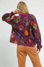Umgee Womens Blouse Burgundy Mix Floral Print Flounce Long Sleeve Top 1ec105a4-67ac-43b3-b452-b5a77b138198-Max-Origin Trendsi