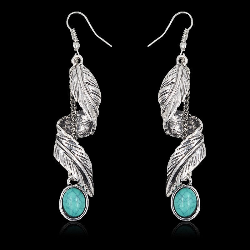 Alloy Leaf Pendant Earrings Artificial Turquoise 9K gold-plated Fashion Jewelry Silver One Size