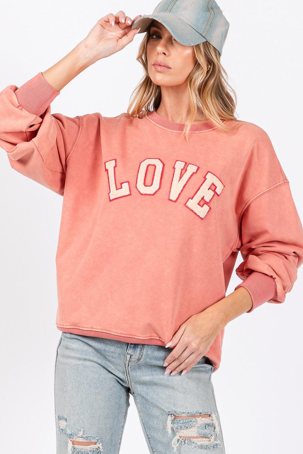 Sweatshirt SAGE + FIG LOVE Path Applique Drop Shoulder Cotton Top Pink Orange 1ed47dce-6386-42b8-b804-eb6375f8096d-Max Trendsi