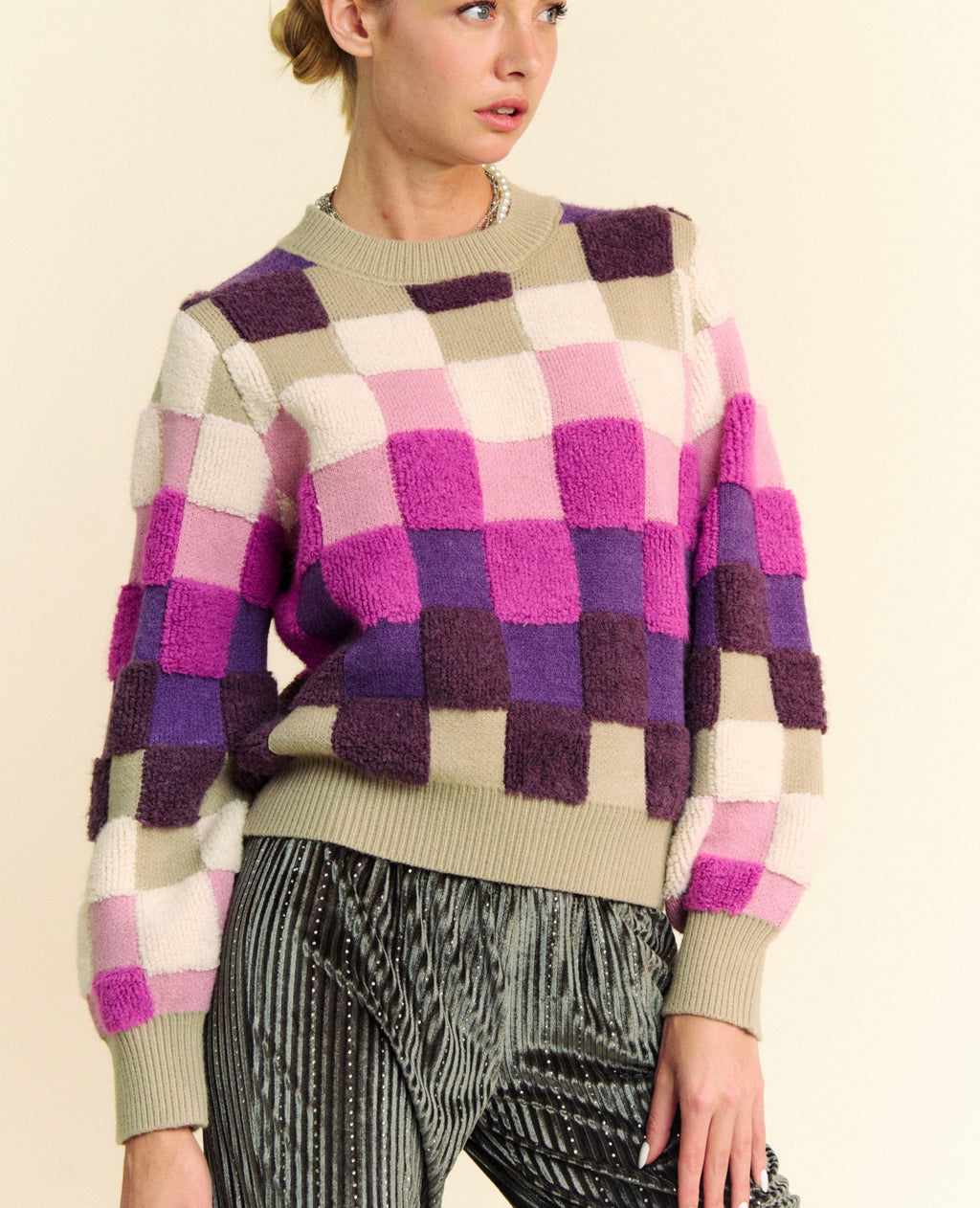 Davi & Dani USA Checkered Knit Sweater Purple Multi Round Neck Long Sleeve Purple Multi 1ed8eafc-4c0c-4293-bdb4-dd8891796f23-Max Trendsi