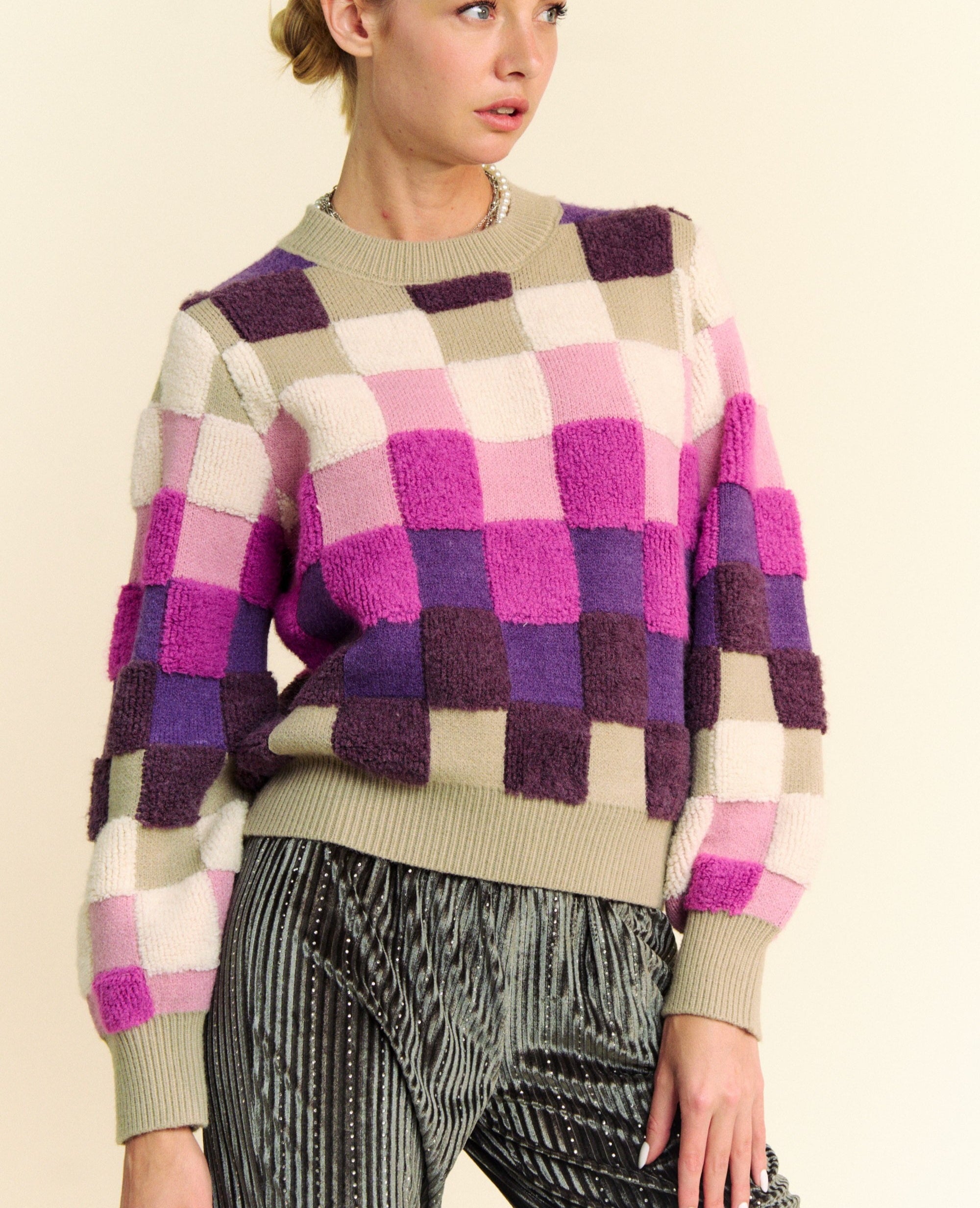 Davi & Dani USA Checkered Knit Sweater Purple Multi Round Neck Long Sleeve Purple Multi 1ed8eafc-4c0c-4293-bdb4-dd8891796f23-Max Trendsi