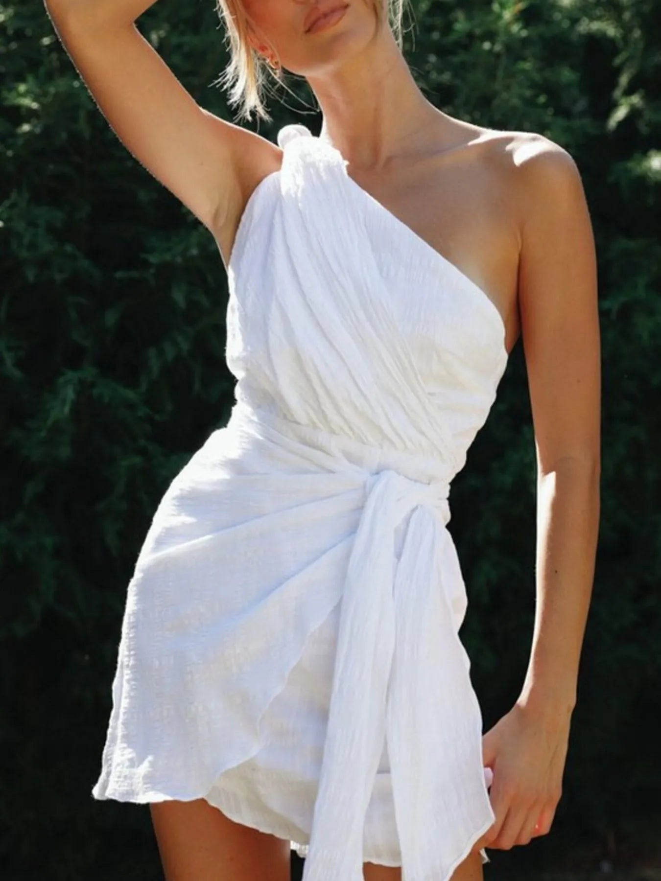 Mini Dress Ruched One-Shoulder Asymmetrical Side Tied Cotton Blend 1edd2022-bdbf-4059-a4bd-e50704139ed4-Max-Origin Trendsi