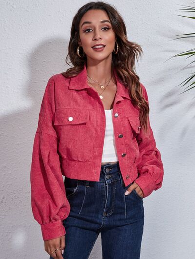 Cropped Jacket Women's Button Down Collared Long Sleeve with Flap Pockets Deep Rose 1ee2f189-6b50-40d7-ab61-86b76b72c345-Min Trendsi