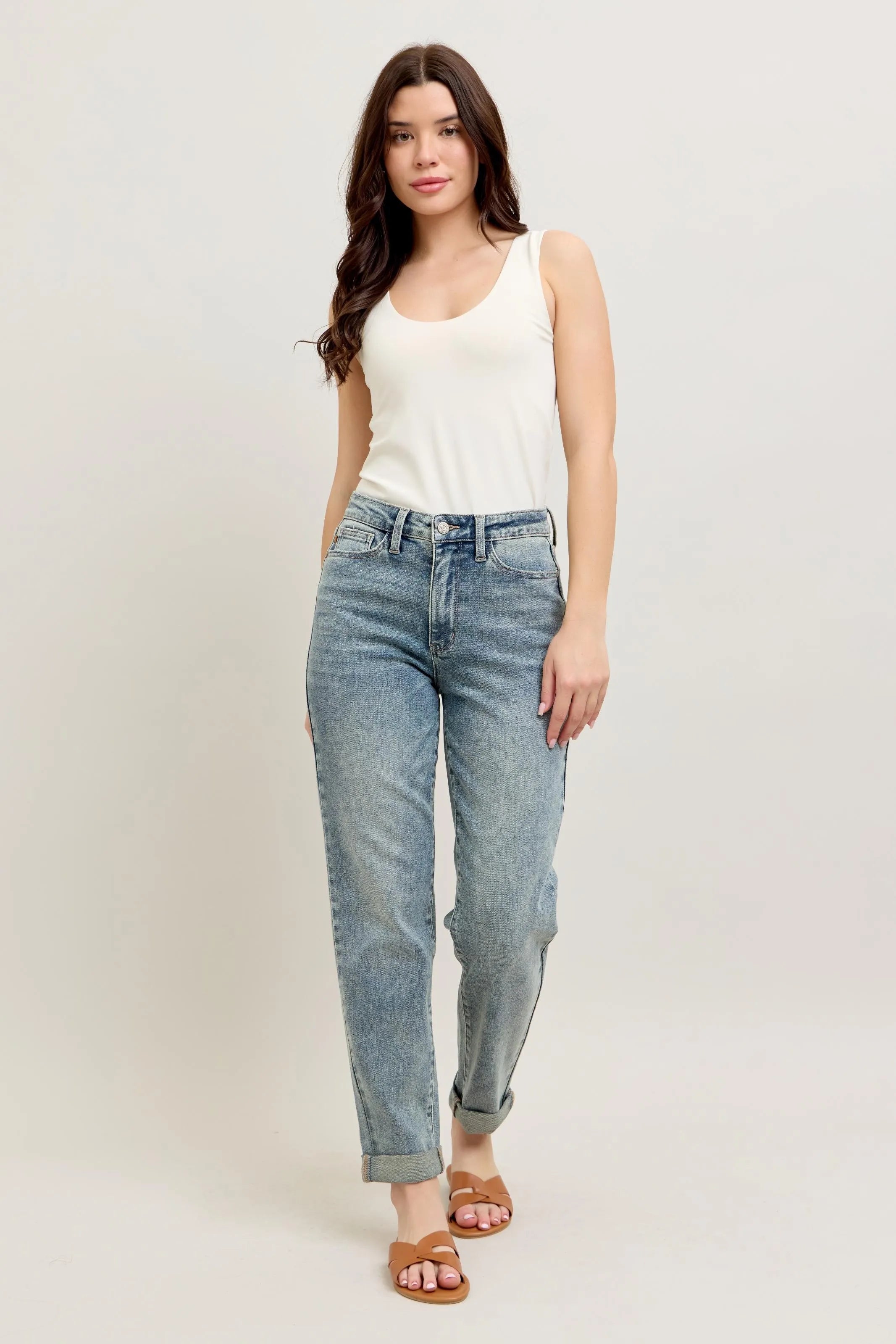 Judy Blue Jeans High Wasited Medium Wash Double Roll Cuff Bf Denim Pants 1ee59dfca204439d959d811a9a642e4a-Max-Origin Trendsi