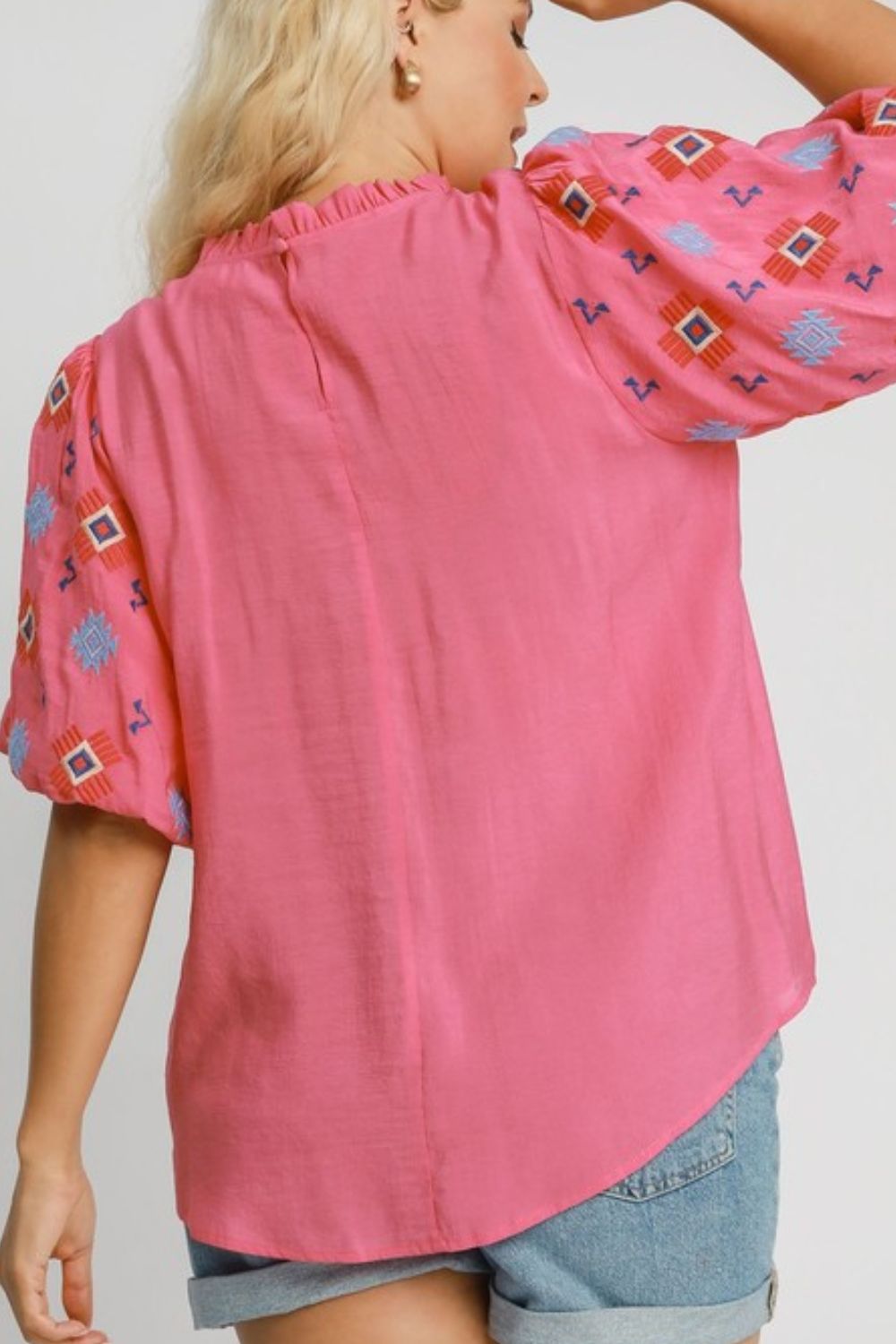 Umgee Blouse Hot Pink Embroidered Puff Sleeve Mock Neck Top 1ee66559-10a6-4325-82d2-6a85fd104c7b-Max Trendsi