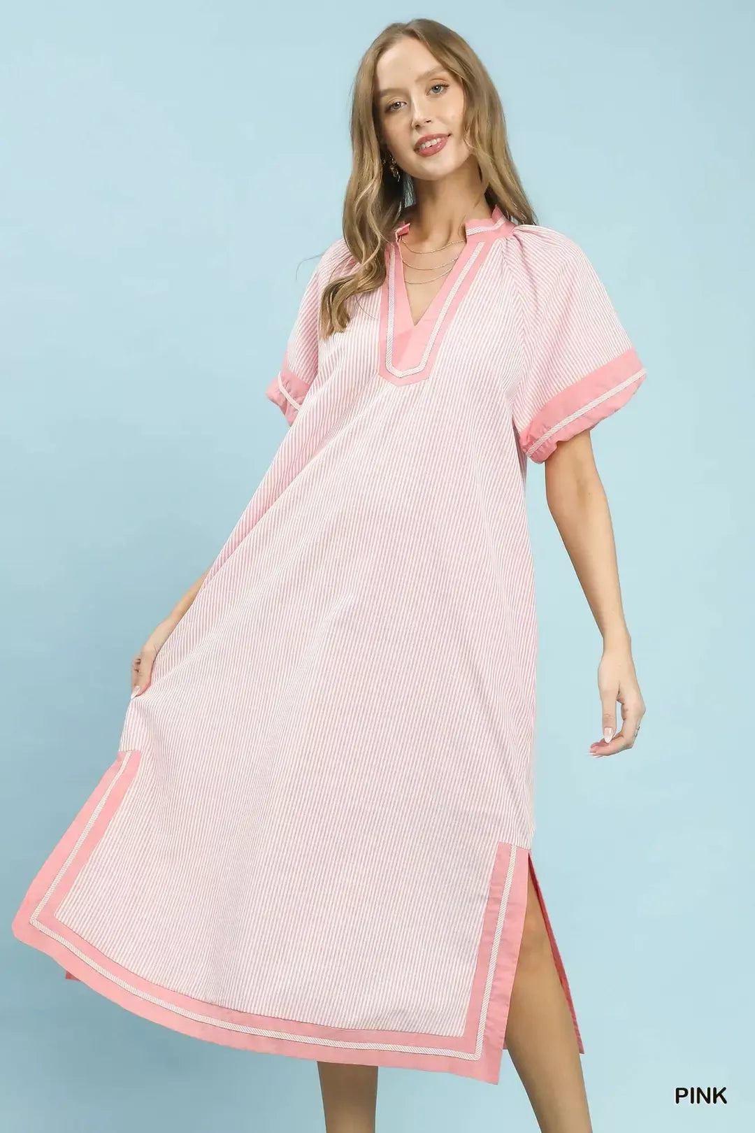 Umgee Pinstripe Contrast Trim Midi Dress