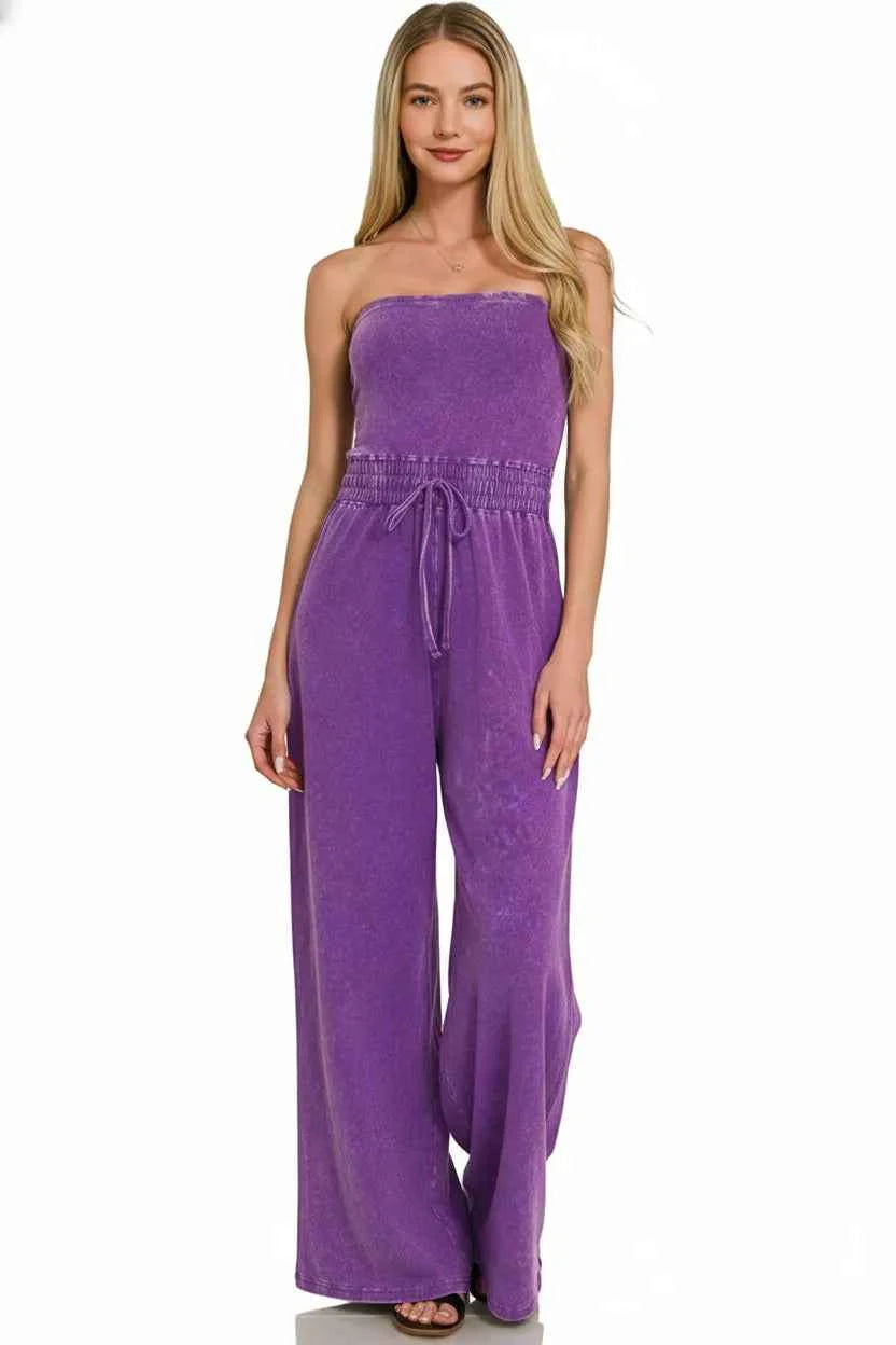 Zenana Acid Washed Strapless Tube Top Jumpsuit