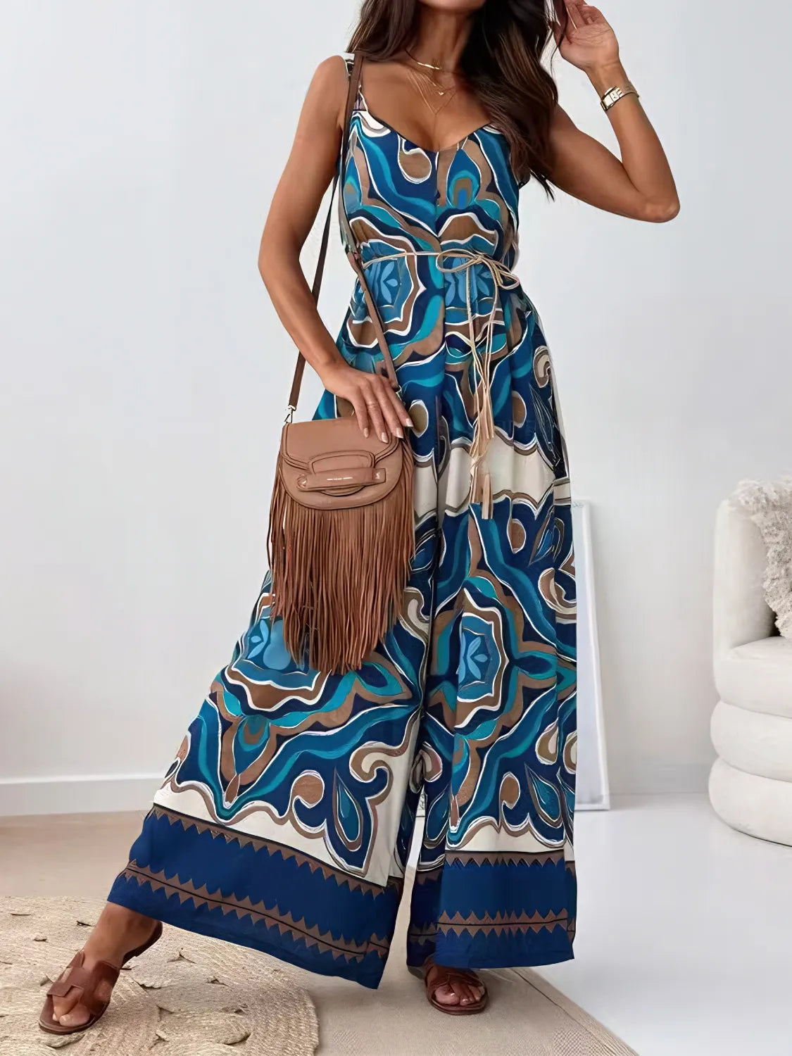 Floral Jumpsuit V-Neck Wide Leg Strappy Blue Mix Printed One Piece 1effb402-de01-4269-b734-e3818c2c9392-Max-Origin Trendsi