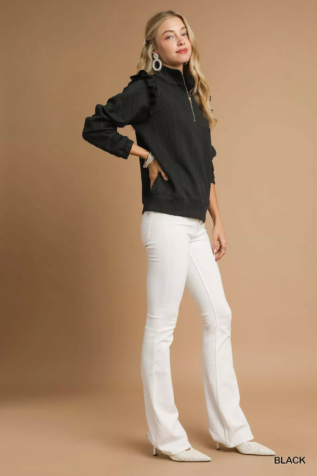 Umgee Womens Sweater Black Cable Knit Textured Pullover with Ruffle Shoulders 1f03e47e-5951-4adf-85f9-10f65db4a3d6-Max-Origin Trendsi