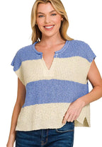 Zenana Women Sweater Blue Stripe Sleeveless Split Neck Knit Top CORNFLOWER BLUE 1f09142c450049bcbc4f15faaf7c7947-Max-Origin Trendsi