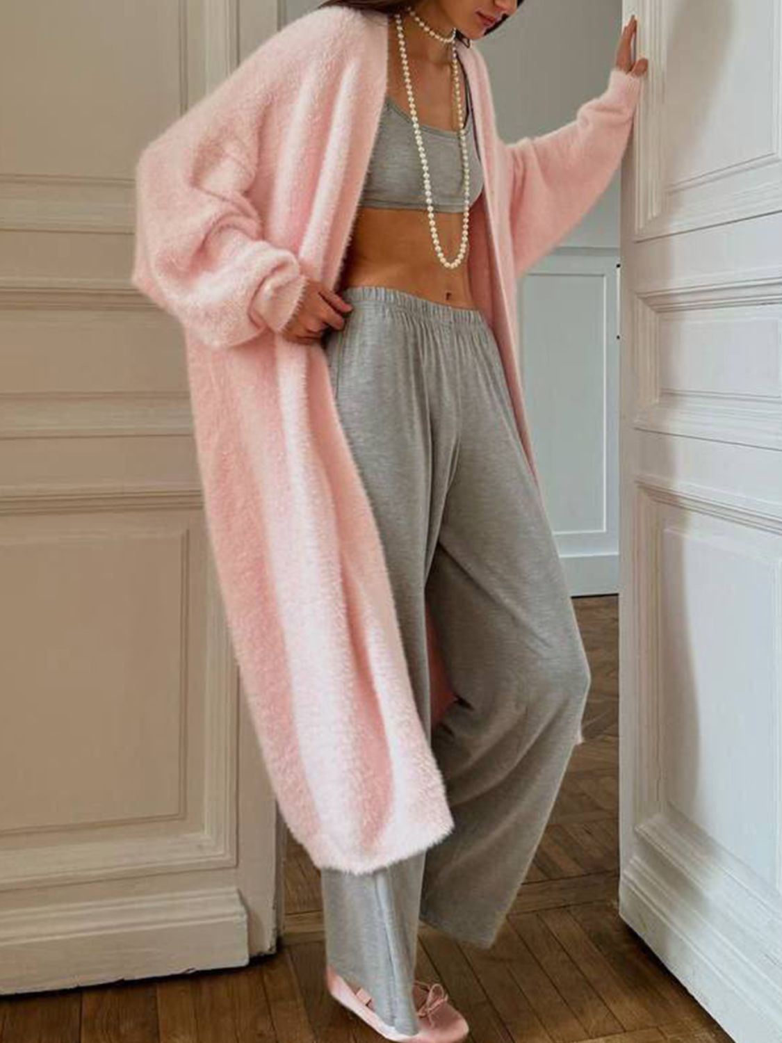 Women Cardigan Longline Open Front Fuzzy Knit Brushed Soft Acrylic Solid 1f12b529-6494-469b-a7f0-8ba25eb5a6c1-Max Trendsi