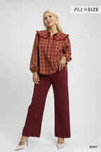 Umgee Women's Blouse Rusty Plaid Ruffle Collar Long Sleeve Top 1f13ff29-cce0-456a-b476-e87c2f40dee4-Max-Origin Trendsi