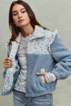 SO ME Women Jacket Faux Fur Sherpa Blue Pull with Floral Ruffle Contrast Zipper 1f1ecba9c5dd4327943087fa5a2a6472-Max-Origin Trendsi