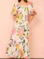 Maxi Dress Floral Square Neck Puff Short Sleeve with Ruffle Hem 1f2056f8d5de40f6a64c2e83651e966d-Max-Origin Trendsi