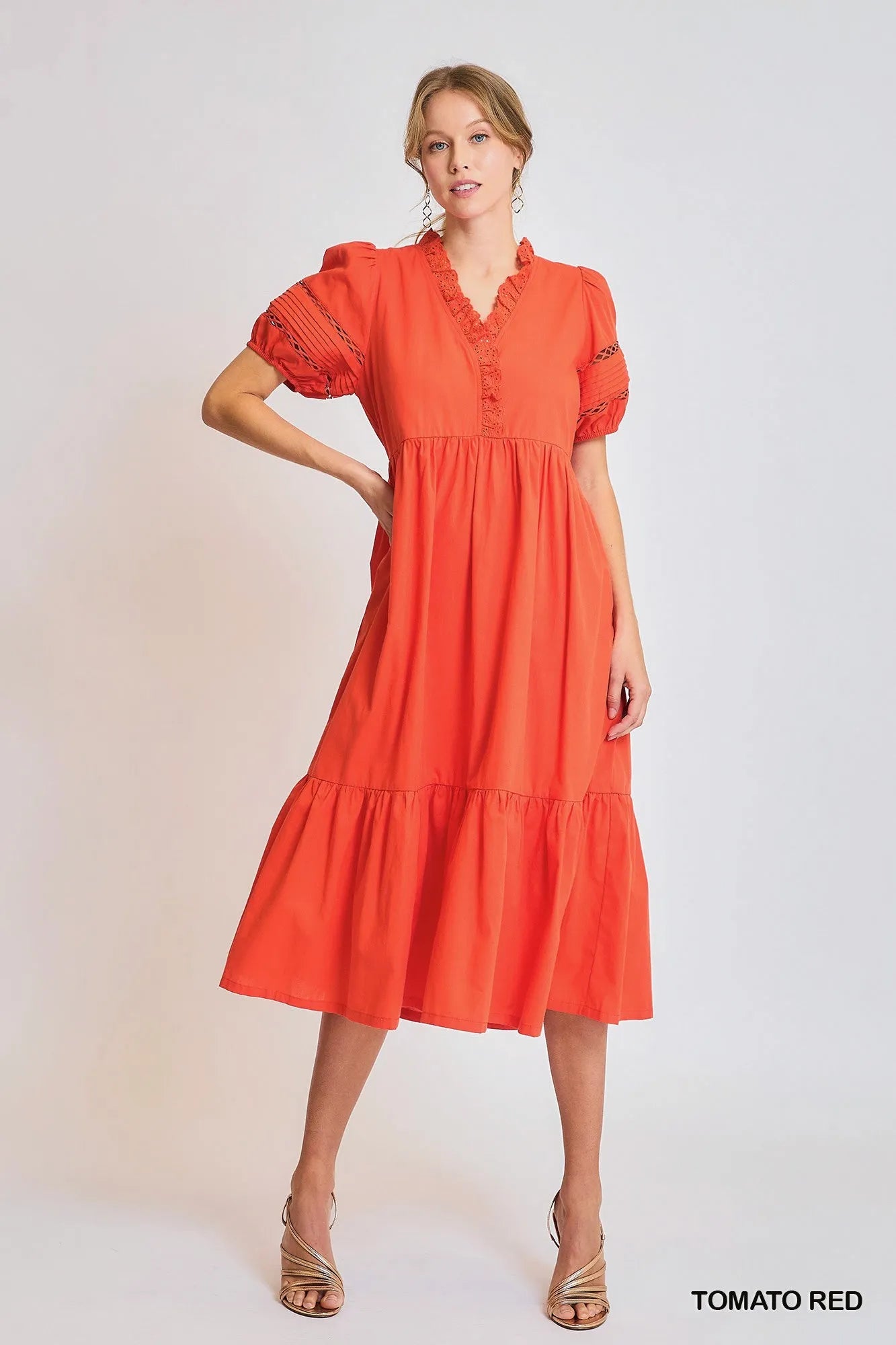 Umgee Midi Dress Red Short Puff Sleeve Lace-Trim Ruffled 1f242ac2-3dee-43d7-88b7-6be2d9a710aa-Max-Origin Trendsi