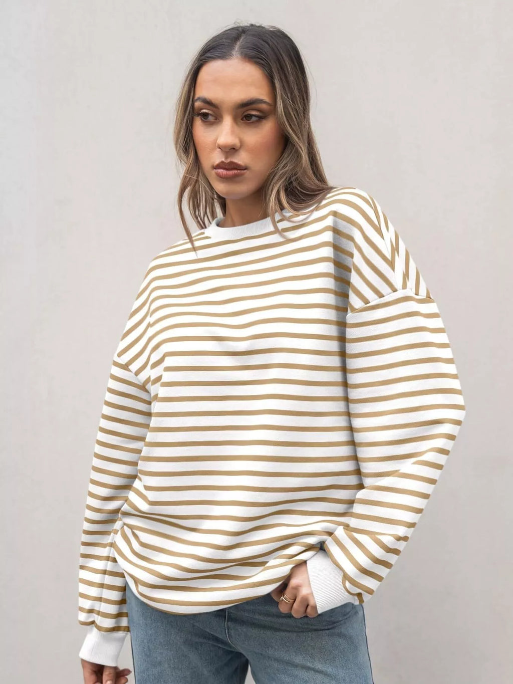 Women's Sweatshirt Striped Round Neck Oversized Casual Pullover Khaki 1f2482e88a8448a18556d59a261808b4-Max-Origin Trendsi