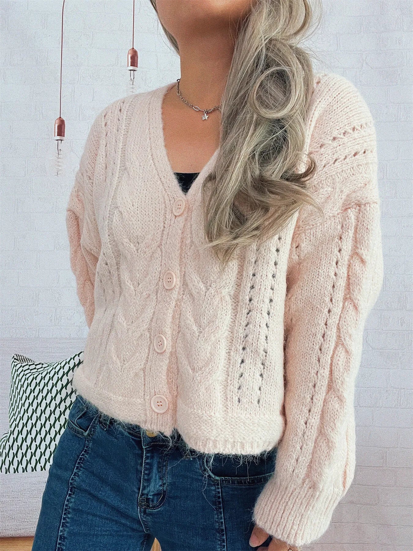 Women's Cardigan Cable Knit Button-Up Soft Knit Acrylic Long Sleeve Pink One Size 1f30b7887501446a91c580014b065414-Max-Origin Trendsi